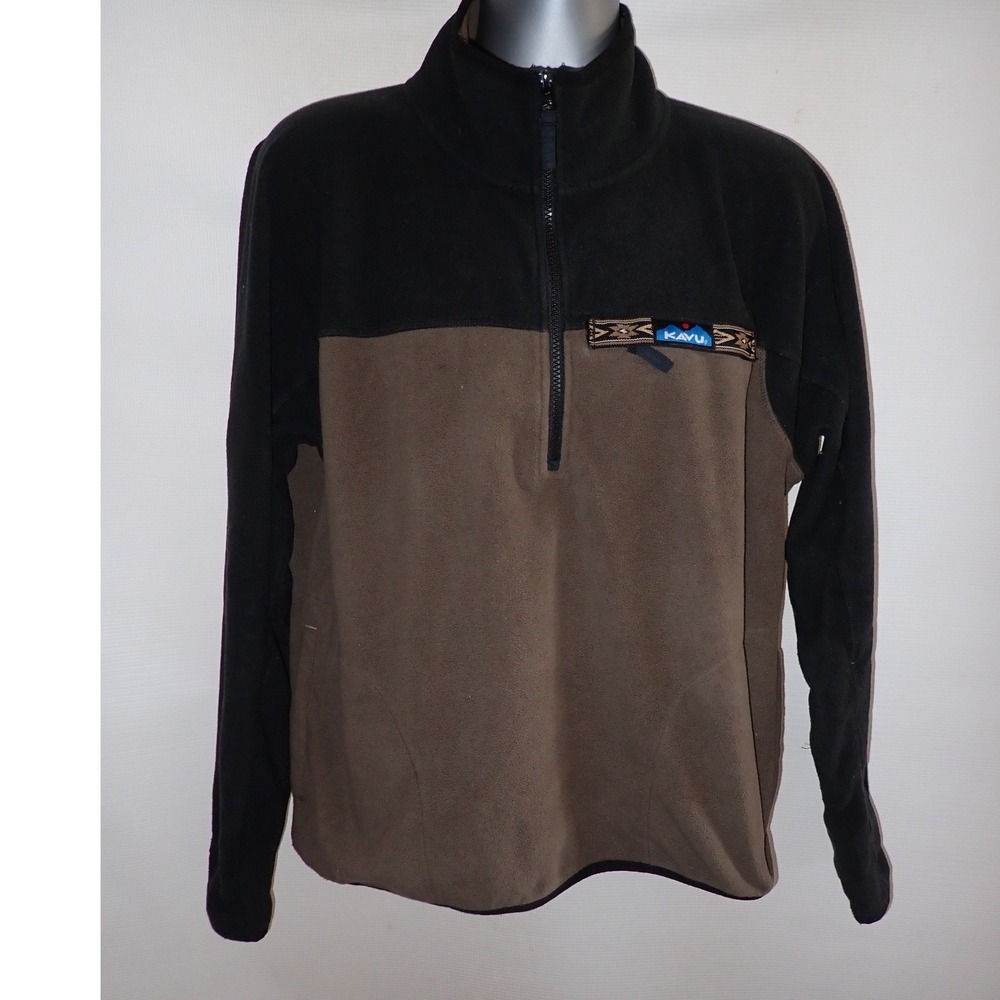 KAVU Men's Quarter Zip Fleece Pullover Colorblock Brown Black Size M Gorpcore